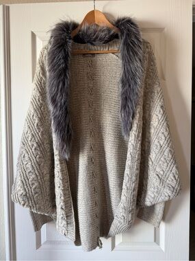 Neiman Marcus Faux Fur Cable Knit Oversized Cocoon Cardigan - Grey